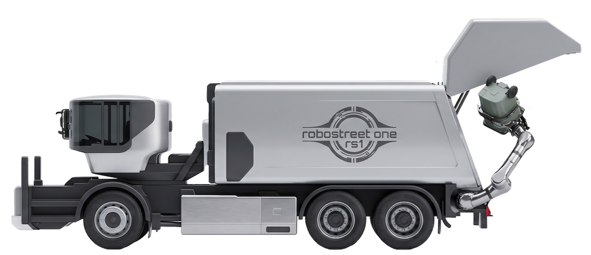 robostreet one rs1 — R1-based electric refuse truck with robotic collection arm lifting a bin